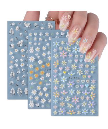 3 Sheets 5D Daisy Nail Stickers Spring Summer 5D Embossed Nail Art Decals Self-Adhesive Daisy Design Nail Art Sticker Manicure Tips DIY Nail Art Nail Decorations for Women Girls