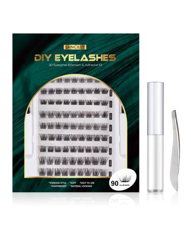 Lanciley Individual Lashes 90 Cluster DIY Eyelash Extension Kit at Home Make-up Beginner False Eyelashes Glue Tweezers Easy to Use 10/12/14/15/16mm C CC D Curl - Natural Style 1.0 count Pack of 1 90 clusters - natural