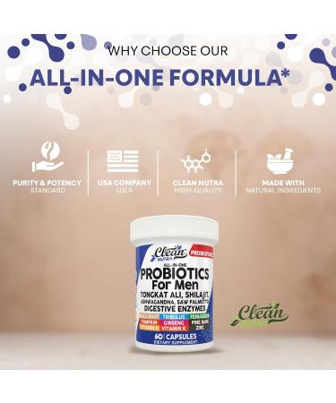 Clean Nutra Probiotics for Men | Tongkat Ali Saw Palmetto Tribulus Ginseng Ashwagandha Maca Pumpkin Gingko Biloba Pine Bark Fenugreek Shilajit Zinc - Mens Probiotic 60 Capsules 1 - Buy Online on GoSupps.com