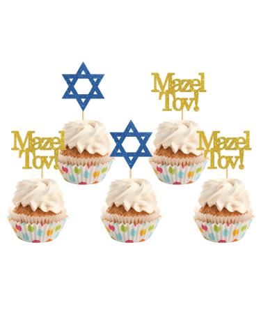 INNORU Mazel Tov Cupcake Toppers Congratulations Party Decorations Engagement Baby Shower Bar Mitzvah Birthday Wedding Jewish Party Decorations Supplies Pack of 24 Glitter