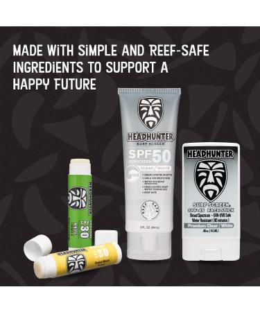 Headhunter Reef Safe Sunscreen Travel Kit - Broad Spectrum Protection for Face, Lips, and Body - SPF 50 Cream, SPF 45 Face Stick, SPF 30 Lip Balm - Natural Mineral Sunblock for Surfing and Watersports - Premium Clear White - Buy Online on GoSupps.com