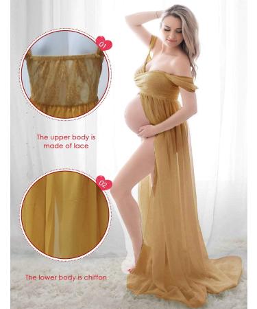 FEOYA Maxi Maternity Dress- Yellow Chiffon Lace Gown for Pregnant Women Photography - Buy Online on GoSupps.com