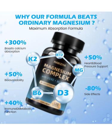 Magnesium Complex Supplement 600mg with with D3 K2 MK7 & B Vitamins High Absorption Capsules with Glycinate Citrate & Malate Taurate Relaxation Muscle Heart Support Vegan 120 Capsules 120 Count (Pack of 1) - Buy Online on GoSupps.com