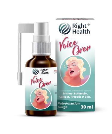 VOICE OVER: Spray Voix 30 ml. Spray Gorge avec Erysimum (Herbe aux chantres) Echinacea Propolis et Cajeput. Pour le bien- tre des cordes vocales et les maux de gorge. Sans gluten Go t citron