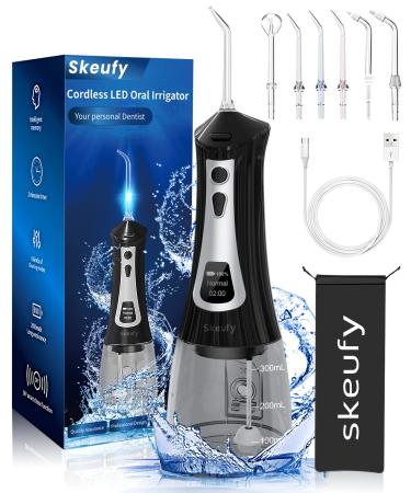 Skeufy Water Flossers Cordless Tooth Cleaner with LED Display DIY and 5 Cleaning Modes Dental Oral Irrigator 6 Jet Tips USB Interface & IPX7 Waterproof 300ML Water Flosser for Teeth Home & Travel Black