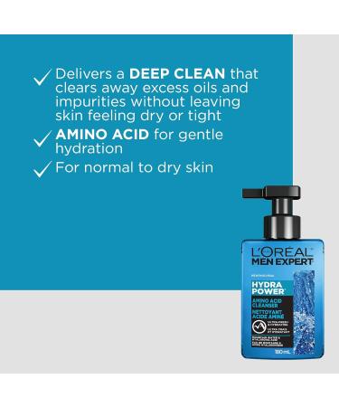 L'Oreal Paris Men Expert Daily Face Cleanser with Amino Acid and Hyaluronic Acid Fresh and Hydrating Hydra Power Skincare Removes Excess Oil and Purifies For Normal to Dry Skin 180 mL Hydra Power Amino Acid Cleanser 180mL - Buy Online on GoSupps.com
