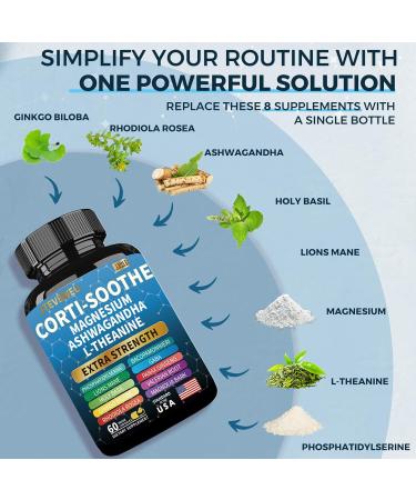 JTEVEweu Corti-Soothe Cortisol Supplement,Magnesium Glycinate 200mg, L-Theanine 150mg, Phosphatidylserine 50mg & Manager Lions Mane Holy Basil Ginkgo Biloba Bacopa Monnieri Valerian (60 Capsules) B - Buy Online on GoSupps.com