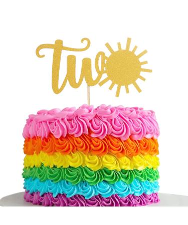 Sun Two Birthday Cake Topper - Single-sided Gold Glitter Sunshine 2nd Birthday Cake Smash Topper 2 Anniversary Party Decoration Photo Props 2 Anniversary Smash Cakes Topper. (Sun Two)