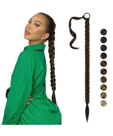 FESHFEN Long Braided Ponytail Extension with Hair Tie 26 inch Chestnut Brown Straight Wrap Around Hair Piece Ponytails for Women Synthetic Pony Hairpieces for Daily Wear
