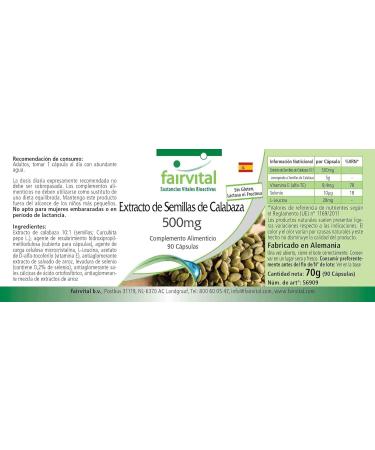 Fairvital | Pumpkin seed extract 500 mg - 90 capsules - 10 times more concentrated with selenium and vitamin E - high - Buy Online on GoSupps.com