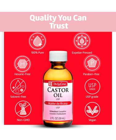 De La Cruz Castor Oil - 100% Pure USP Grade for Hair Skin Eyelashes & Eyebrows - 3 Glass Bottles (2 FL Oz - Buy Online on GoSupps.com