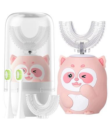 ELOTAME U Shaped Toothbrush Kids Electric Rechargeable Automatic with 4 Brush Heads Ultrasonic Vibrating Toddler Childrens Teeth Cleaning Ultra Soft (Age 7-14  Pink Raccoon) Age 7-14 Pink Raccoon