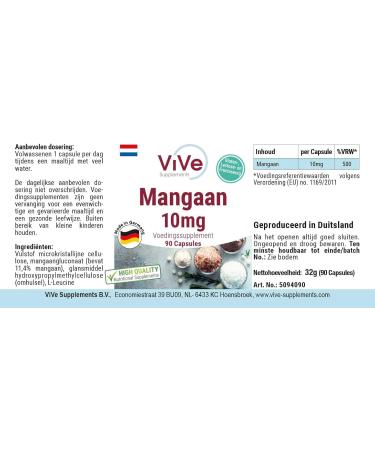 Manganese 10 mg - 90 Vegan Capsules | High Dosage Essential Trace Element | Quality from Germany by ViVe Supplements - International Shipping - Buy Online on GoSupps.com