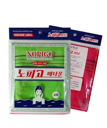 NOPIGO Korean Exfoliating Body Scrubber Set - 4pcs Green and Red | Asian Bath Washcloth for Dead Skin | Exfoliating Sponge, Mitt Glove - Buy Online on GoSupps.com