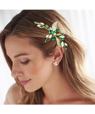 Emerald Green Crystal Leaf Bridal Side Comb - Wedding Hair Accessory for Women & Girls - Buy Online on GoSupps.com