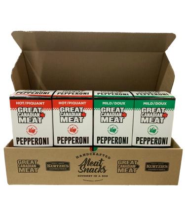 Mild & Hot Authentic Pepperoni Sticks Bulk Box 2x Hot / 2x Mild Pepperoni Bundle 72 x 22g Caddies by Great Canadian Meat Meat Stick Snacks Bulk Pepperoni Sticks Box For Carnivores. Perfect For Snacking Gluten Free High In Protein
