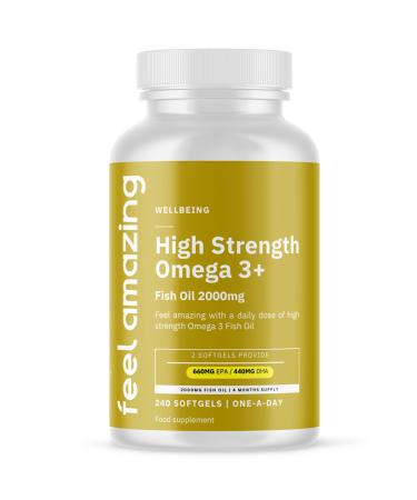High Strength Omega 3 Fish Oil 2000mg - 240 High Strength Capsules (4 Month Supply) - 660mg EPA & 440mg DHA Per Daily Serving (2 Softcapsules) - Supports