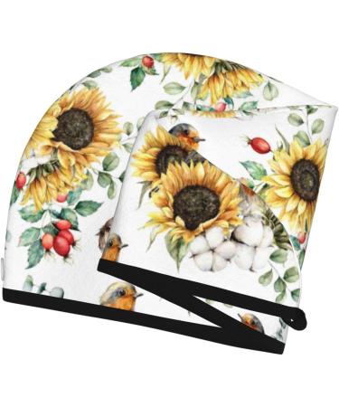 Sunflower Leaves & Birds Microfiber Hair Towel - Super Absorbent Coral Velvet Wrap for Long Curly & Thick Hair | Quick Drying Cap for Women - Buy Online on GoSupps.com