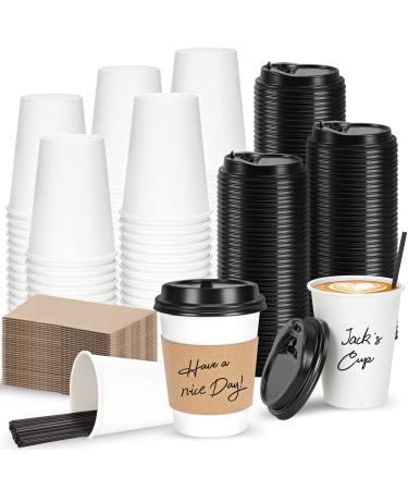 FIFWVGP 100 Pack 12 oz Disposable Coffee Cups with Lids, Sleeves and Stir Straws Paper Coffee Cups with Lids To Go Coffee Paper Cups with Lids Hot Cups with Lids for Tea Coffee Hot Chocolate