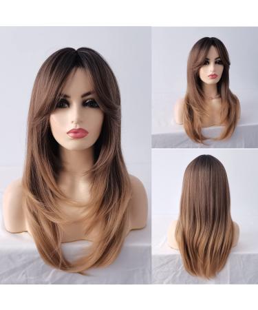 Sylhair Wig Women Brown Long Layered Synthetic Hair Wigs Ladies Ombre Brown Wigs for Women 22" Brown-Dark Root