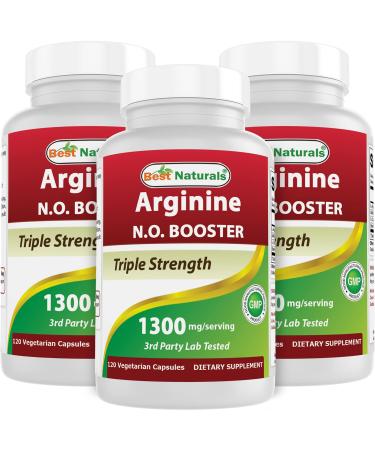 Best Naturals L-Arginine NO Booster Triple Strength 1300 mg Serving 120 Veg Capsules (120 Count (Pack of 3)) 120 count (Pack of 1)