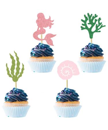 UXYOKM 24Pcs Mermaid Cupcake Toppers Glitter Mermaid Seaweed Coral Sea Snail Cupcake Picks Baby Shower Under the Sea Mermaid Theme Birthday Party Decorations Supplies