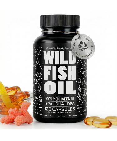 Wild Foods Omega 3 Fish Oil Supplement, 120 Capsules (1 pk) | Wild Caught, Burpless, Odorless, Non-GMO, Gluten Free | DPA, DHA, EPA Triple Strength Heart & Joint Nutrition for Women & Men 120 Count (Pack of 1)