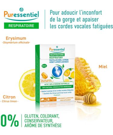 Puressentiel - Respiratory - Lemon Honey Lozenges - With Erysimum Extract - Soothes tired throat and vocal cords - 20 lozenge - Buy Online on GoSupps.com