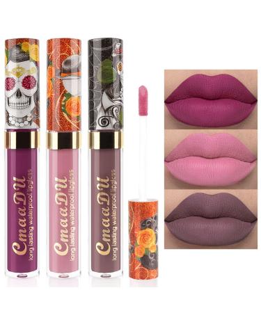evpct 3Pcs Purple Nude pink Dark brown Matte Liquid Lipsticks Lip Gloss Stain Makeup Sets Smudge Proof  Skull Face 24 Hour Long Lasting Liquid Matte Lipstick Waterproof labial mate larga duracion 24 3 Count (Pack of 1) E...