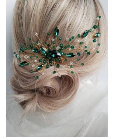 Teyglen Bridal Wedding Gold Hair Combs Green Rhinestones Crystal Side Hair Comb Flower Crystal Bride Hair Accessories for Women and Girls