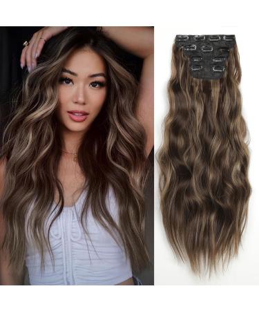 YDDM Hair Extensions Clip in Extensions Wavy hair extension with clips full of heads like real hair hair exension clips cheap clip extensions synthetic hair part for women (24 -inch 4pcs) 24 inch p8d/22#