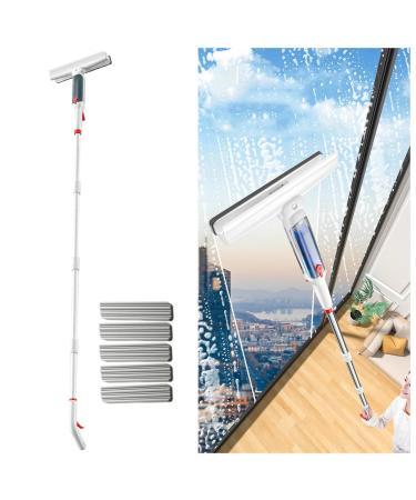 RRRYYYZZ 75'' Spray Window Squeegee for Home with 4-Section Extension Pole 4 in 1 Shower Glass Cleaner Squeegee Shower Squeeze for Glass Door and Tile with Sewage Collector and 5 Pads