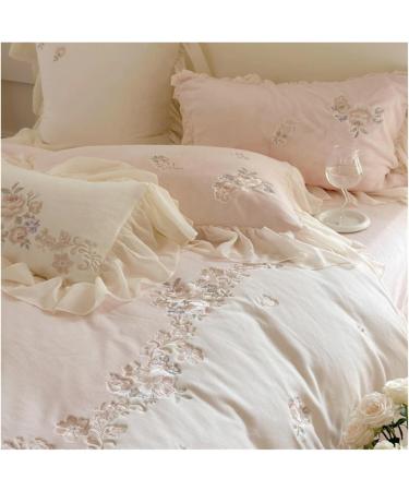 Rose Flowers Embroidery Romantic French Lace Ruffles Bedding Set Plush Warmth Velvet Fleece Duvet Cover Set Bed Sheet Pillowcase Bedding Set (Pink Flat Sheet Style_Queen) - Buy Online on GoSupps.com