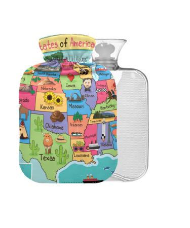 Cartoon USA Map BAP Free Hot Water Bottle with Cover 2L Large Hot Water Bag for Pain Relief Headache Neck and Shoulders