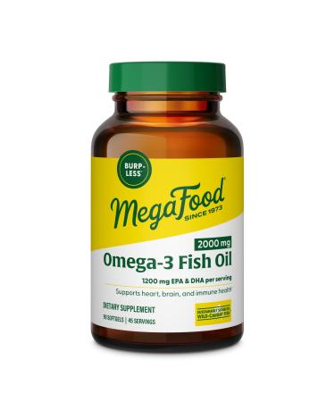 MegaFood 2000mg Fish Oil Omega 3 Supplements - Burp-Less & Lemon Oil Infused - Heart Brain Eye Joint & Immune Support Supplement - 1200mg EPA & DHA Per Serving - 90 Softgels 45 Servings