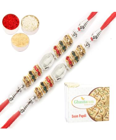 Ghasitaram Gifts Rakhi for Brother Rakhis Online-Set of 2-9884 Fancy Thread Rakhi with 400 GMS of Soan Papdi