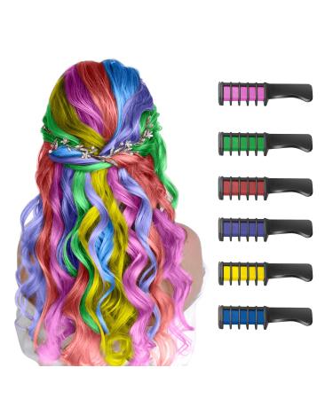 Haircreid comb 6 pieces of temporary hair color chalk for children girls washable for gift diy cosplay for Halloween Thanksgiving Christmas New Year birthday parties wedding (6 colors) blue+pink+green+green+red+yellow
