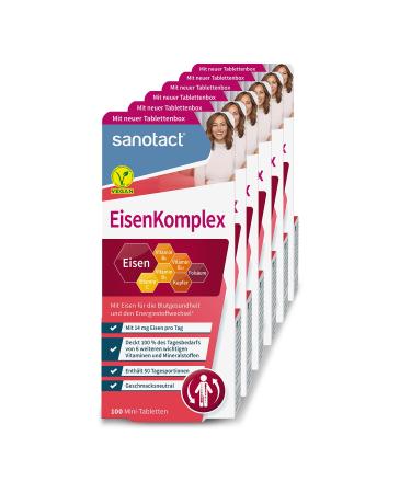 Sanotact iron complex (6x100 mini tablets) With 14mg of iron high-dose copper folic acid vitamin C B2 B6 B12 Immediate effect in the event of iron deficiency Iron for blood formation 100% vegan 100 pieces (6-pack)