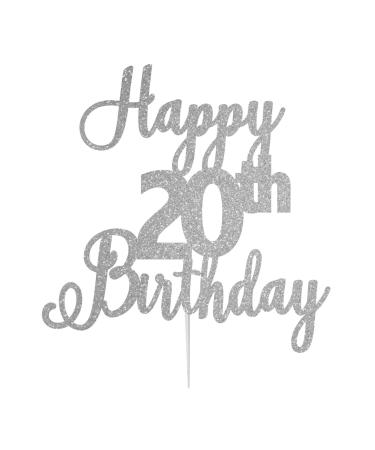 LissieLou Happy 20th Birthday Cake Topper in Pretty Glitter Card Made in the UK - Silver