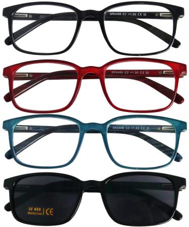 Mini Designer Glasses 4-Pack: 3 Reading Glasses & 1 Sun Reader - Unisex Lightweight Flex Hinges Stylish 1.5 Diopters - Buy Online on GoSupps.com