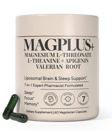 MAGPLUS+ Magnesium L-Threonate w Apigenin & L Theanine, 1500mg 7-Ingredient Sleep Blend - Brain & Memory Support - Liposomal Magnesium Threonate Supplement (60, Sleep & Brain)