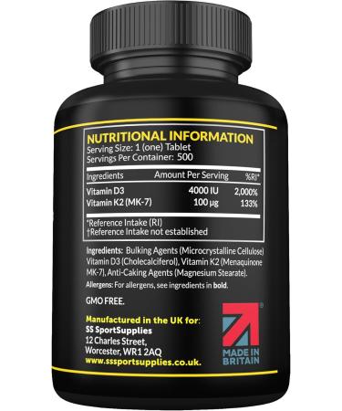 Vitamin D3 K2-500 Micro Tablets - 16 Month Supply - Vitamin d3 4000 iu and k2 100 g (MK7) - Vegetarian and UK Manufacture - Supports Immune Sytem & Bone Health - Buy Online on GoSupps.com