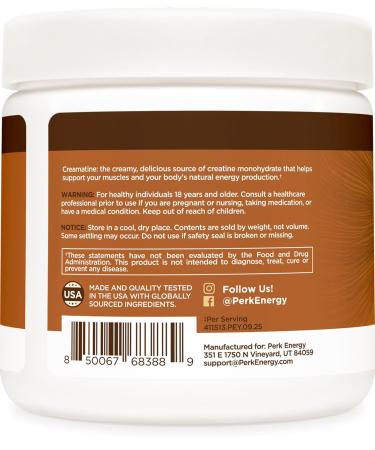 Perk Creamatine (Caramel Macchiato) 30 Servings - Flavored Creatine Monohydrate 5g of Creatine per Serving Naturally Sweetened Zero Sugar Gluten-Free Soy-Free - Buy Online on GoSupps.com