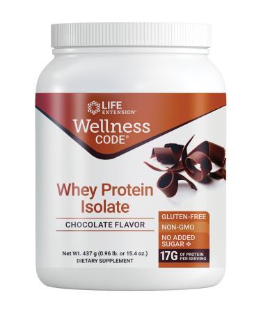 Life Extension Wellness Code® Whey Protein Isolate (Chocolate) protein and branched-chain amino acids for muscle growth & immune health no sugar added gluten free non-GMO 437 grams 20 servings