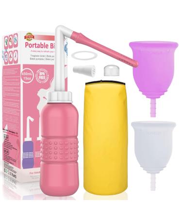2pcs Menstrual Cup + 2IN1 450ml Perineal Irrigation Perineal Douche,15oz Portable Bidet Peri Bottle with Water Seal Cap Waterproof Bag 2Product Female Care