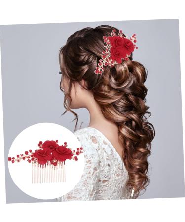 DOITOOL Red Rose Flower Hair Clip Comb Artificial Pearl Hair Comb Red Rose Hair Clip Bridal Accessories Chinese Style Hair Accessories Tiara Floral Hairpin Dress Flowers Bride - Buy Online on GoSupps.com