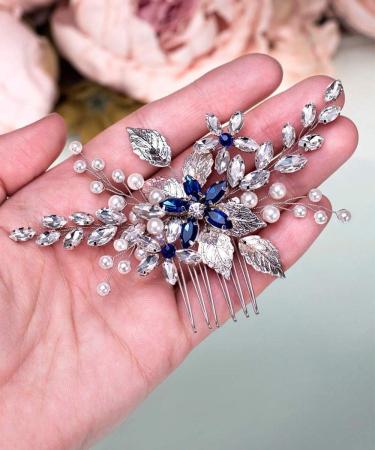 Anglacesmade Bridal Sapphire Crystal Hair Comb Pearl Blue Crystal Leaf Marquise Hair Piece Prom Party Festival Wedding Hair Accessories for Women and Girls (Silver) - Buy Online on GoSupps.com