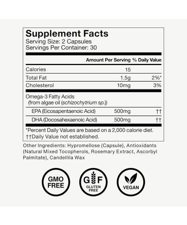Momentous Vegan Omega-3 - Plant-Based EPA & DHA Supplement for Men & Women - Sourced from Algae Oil - Supports Heart, Joint, & Brain Health - NSF Certified for Sport - 1,000 mg - 30 Servings - Buy Online on GoSupps.com