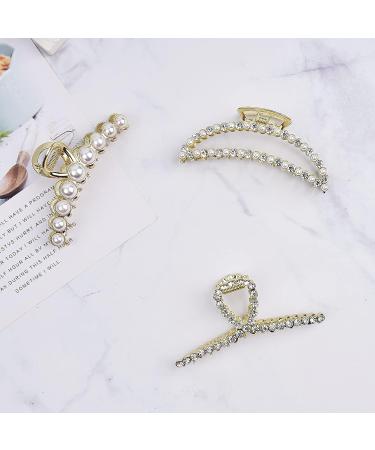DEEKA 3 Pcs Large Metal Pearl Hair Claw Clips - Rhinestone Gold Hair Accessories for Women - Buy Online on GoSupps.com