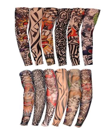 Kirozanny 12pcs Art Fake Temporary Tattoo Sun Protection Compression Arm Sleeves Temporary Tattoo Arm Sleeves(random color)